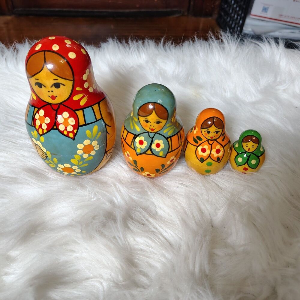 Russian VTG Hand Painted Nesting Dolls 4ct Soviet Era